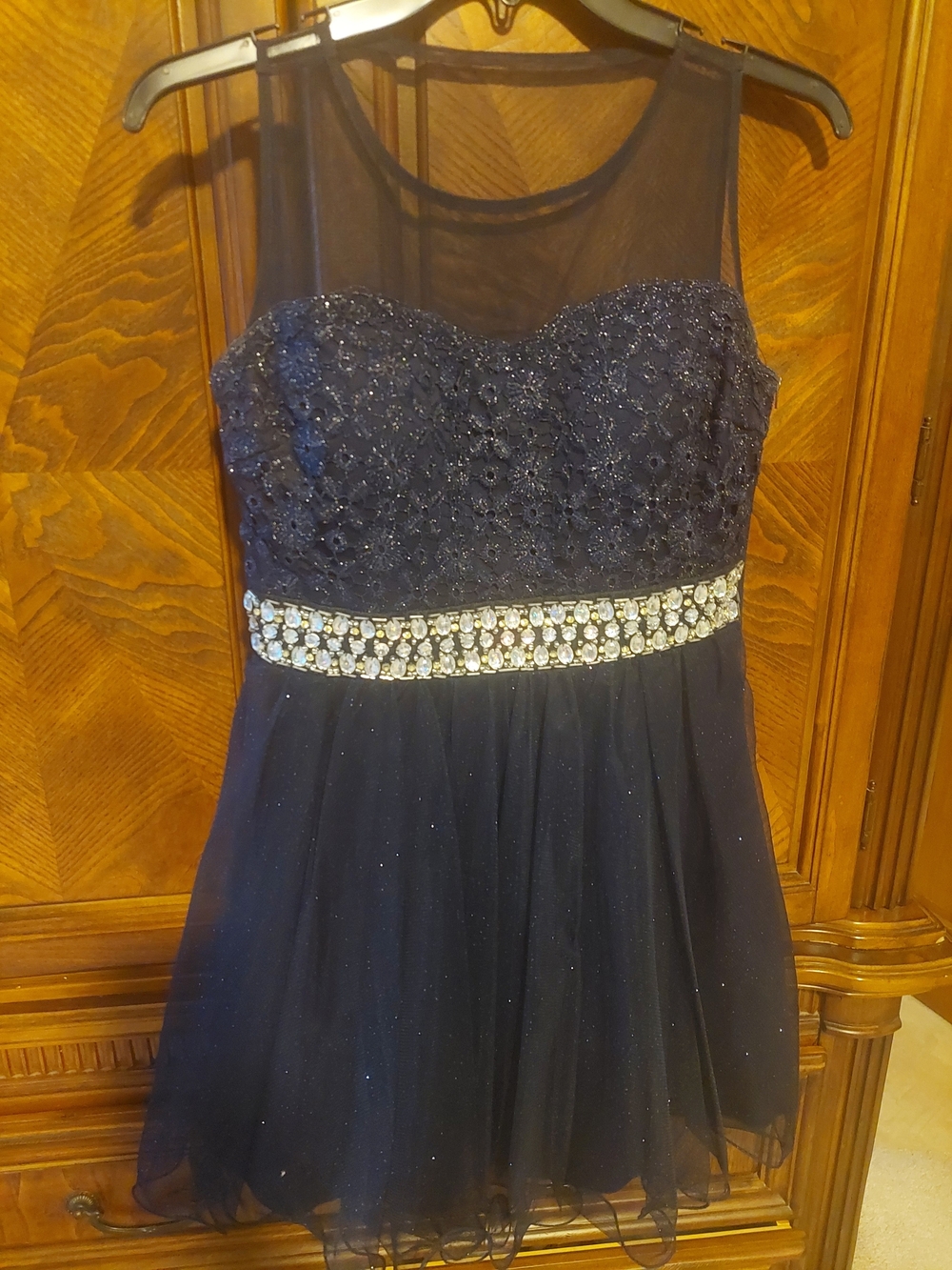 Navy Embellished Mesh Fit-and-Flare Juniors Size 7 Homecoming Dress